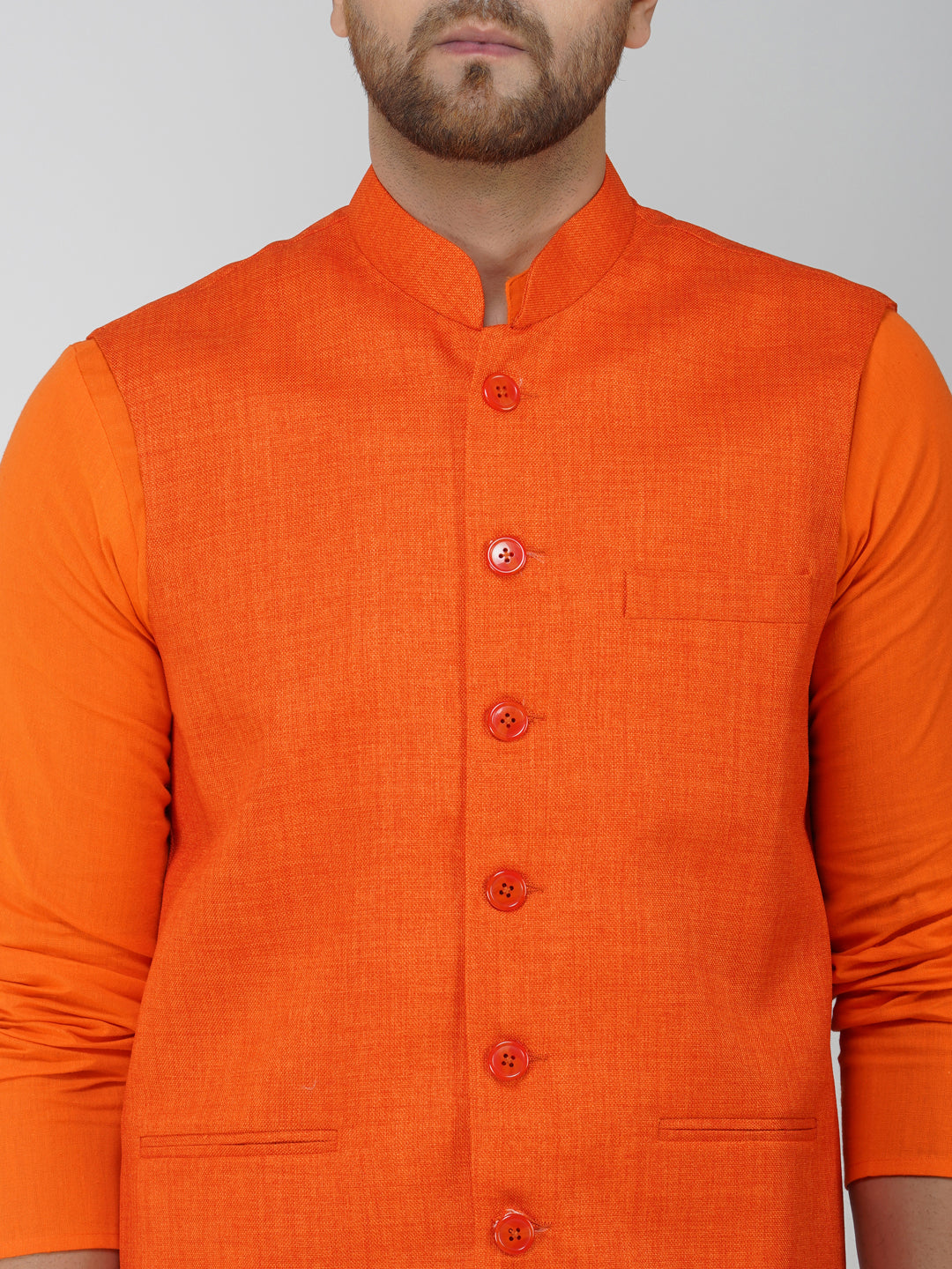 Khadi Linen Tangy Orange Nehru Jacket + Bhgwa Kurta Pyjama Set