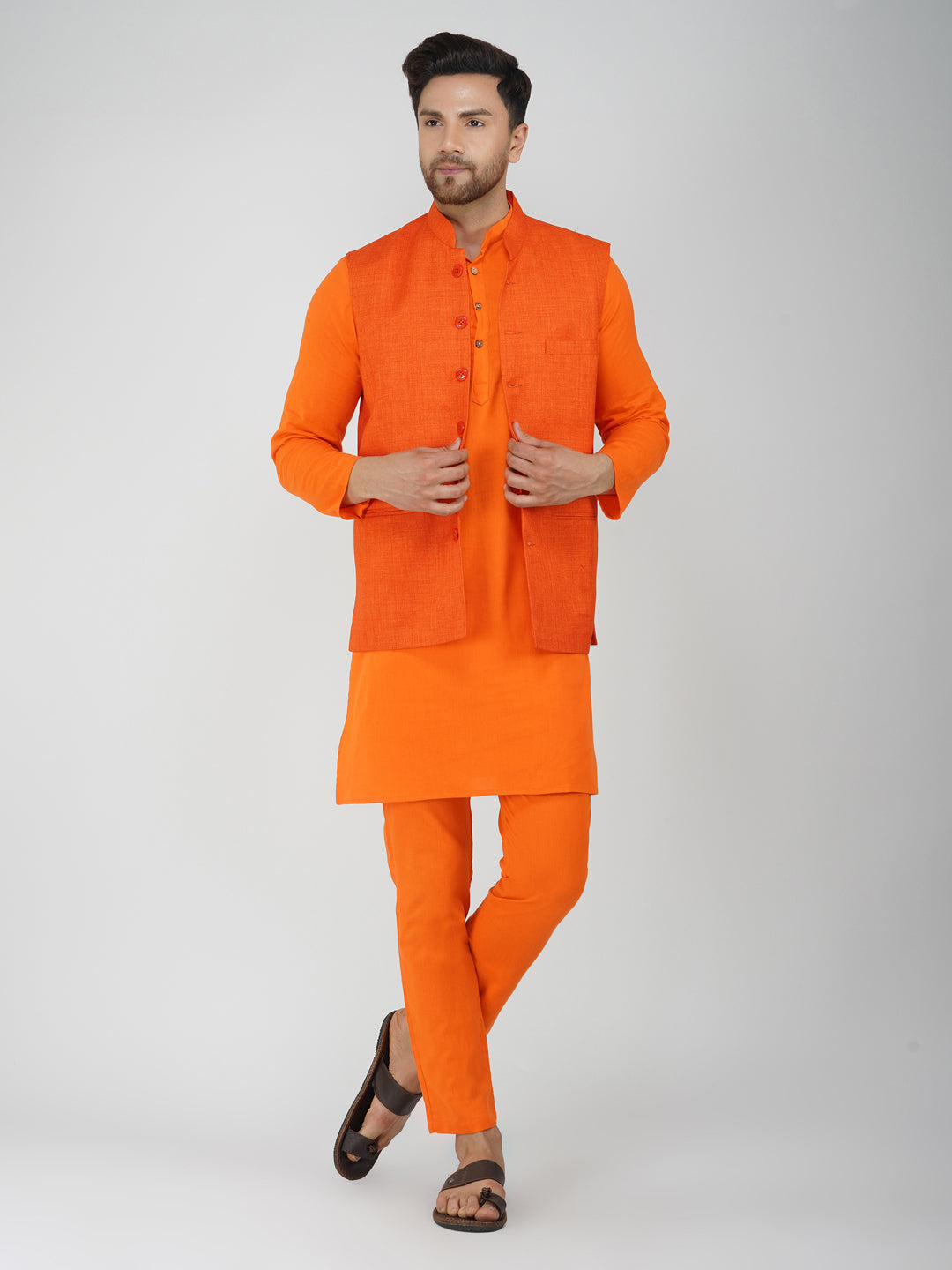 Khadi Linen Tangy Orange Nehru Jacket + Bhgwa Kurta Pyjama Set