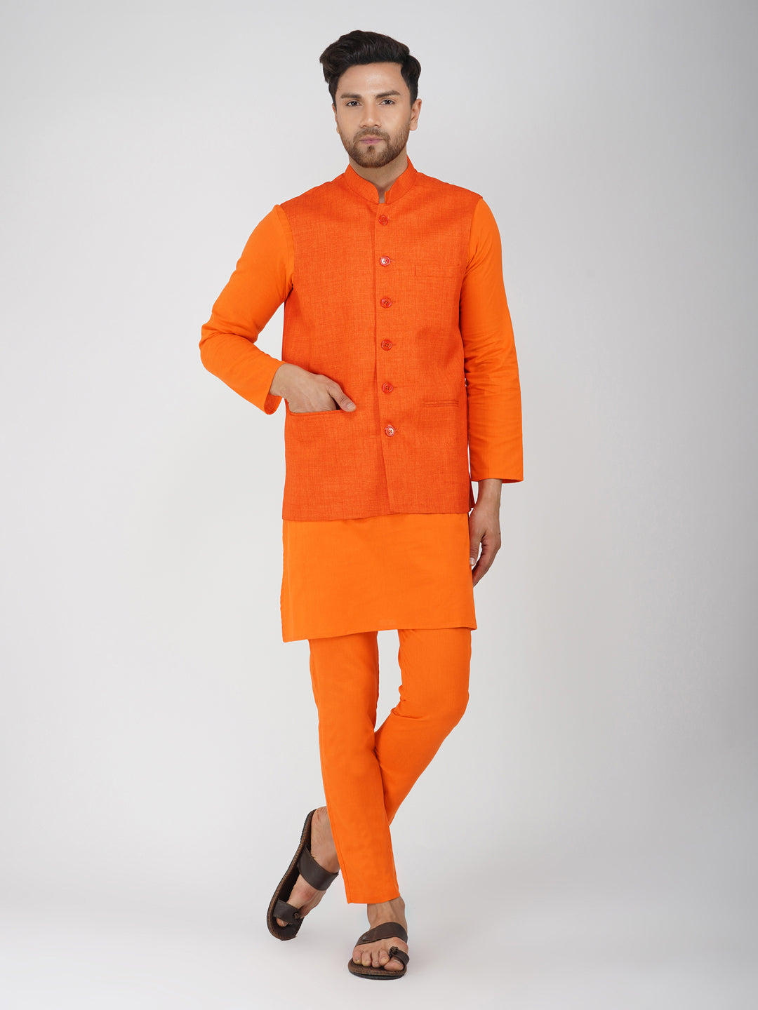 Khadi Linen Tangy Orange Nehru Jacket + Bhgwa Kurta Pyjama Set