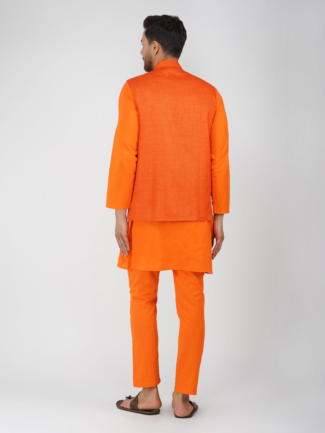 Khadi Linen Tangy Orange Nehru Jacket + Bhgwa Kurta Pyjama Set