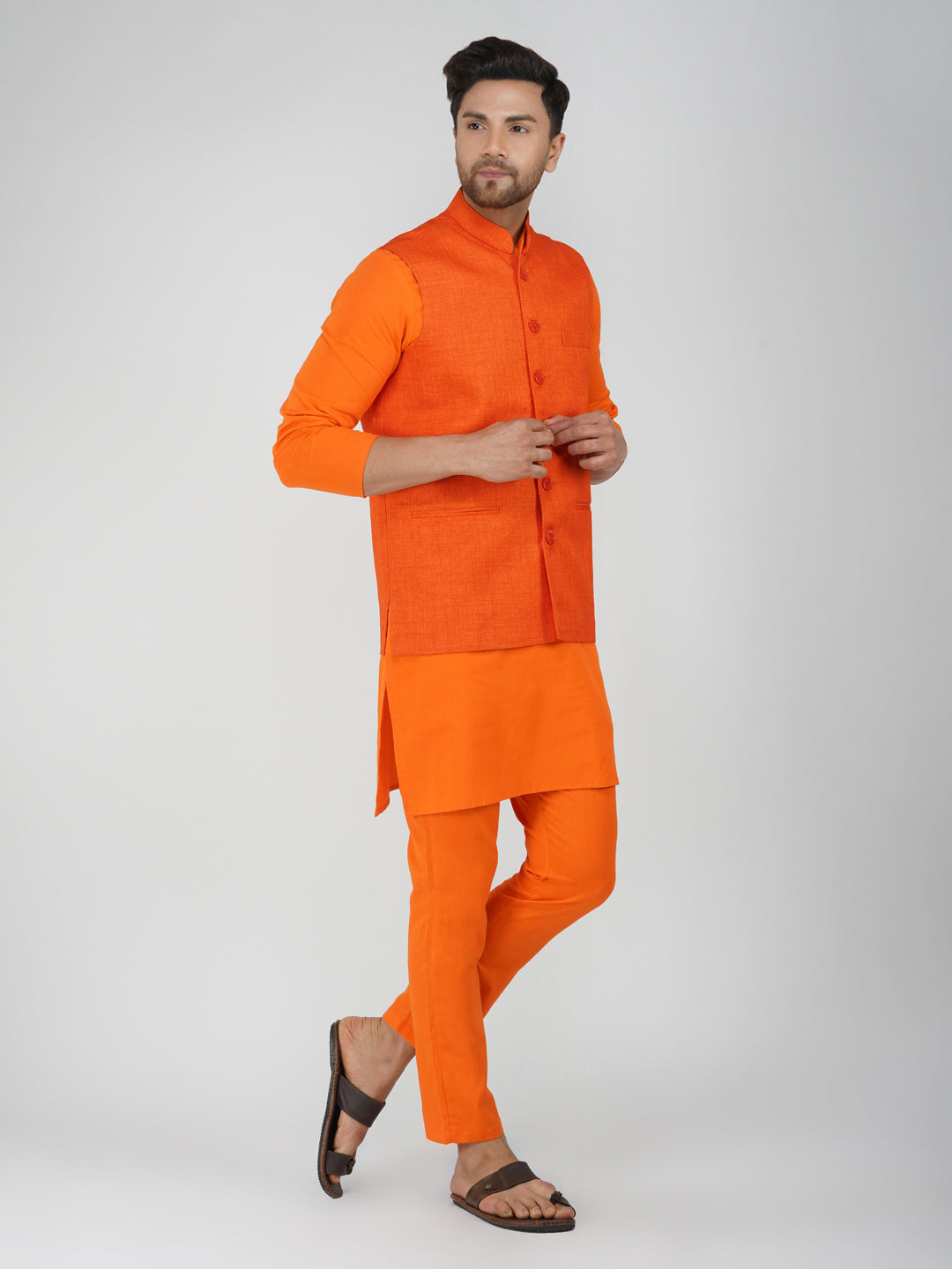 Khadi Linen Tangy Orange Nehru Jacket + Bhgwa Kurta Pyjama Set