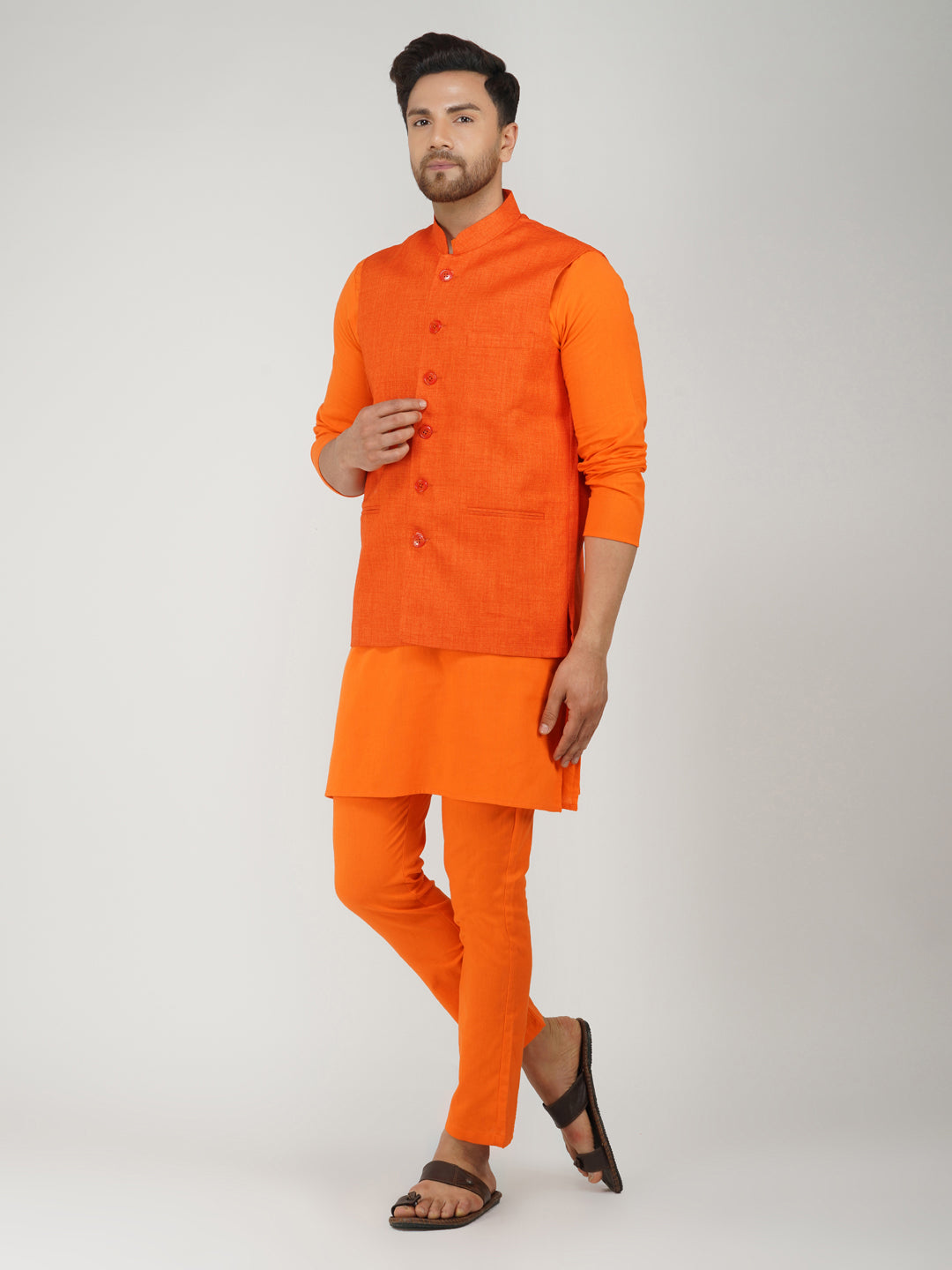 Khadi Linen Tangy Orange Nehru Jacket + Bhgwa Kurta Pyjama Set