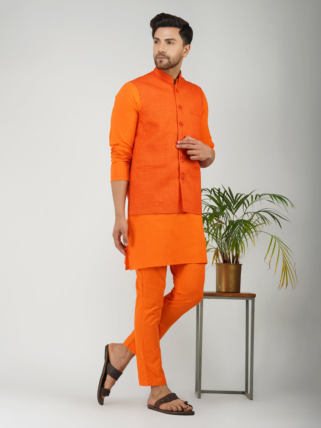 Khadi Linen Tangy Orange Nehru Jacket + Bhgwa Kurta Pyjama Set